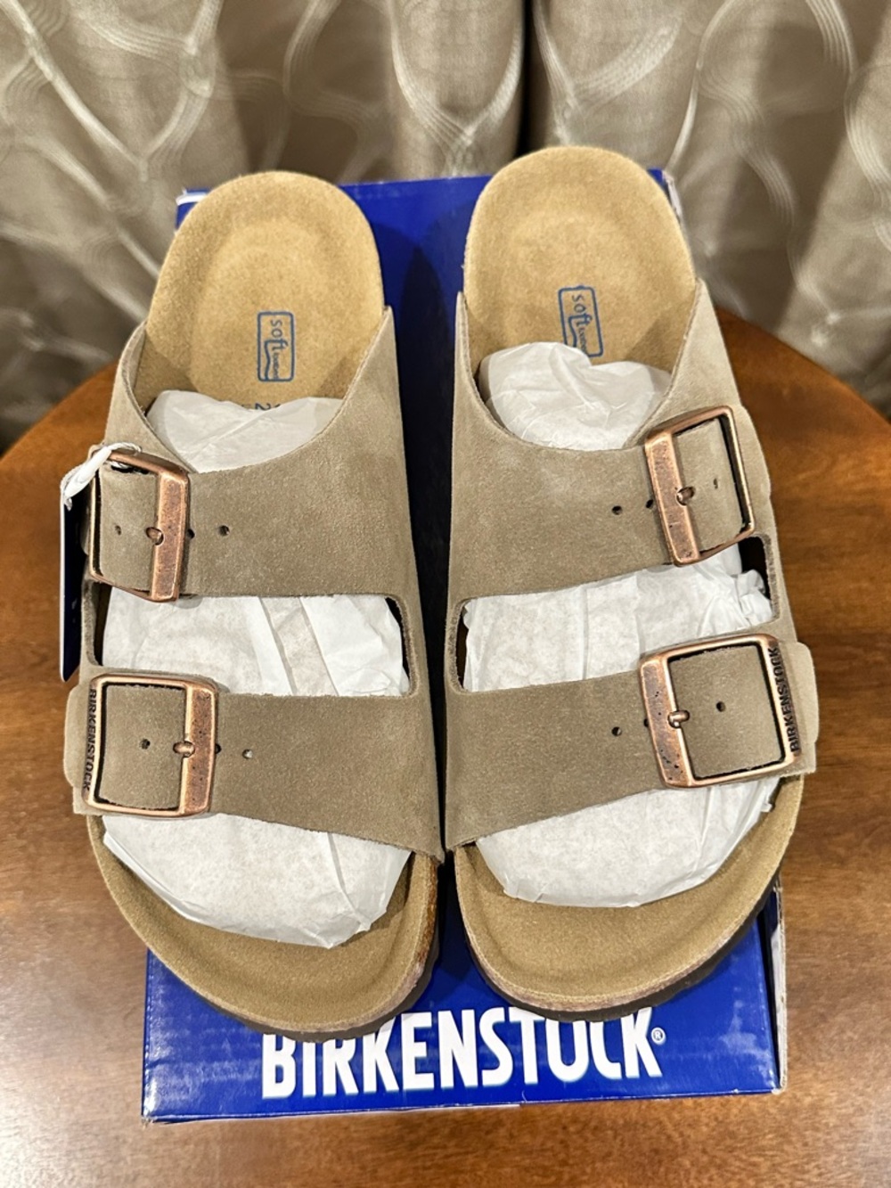 BIRKENSTOCK Arizona Soft Footbed Taupe Suede Leather Two-Strap Sandals